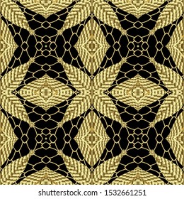 Gold textured abstract vector seamless pattern. Tribal ornamental lace background. Repeat ethnic grid backdrop. Decorative geometric surface ornament. Endless ornate texture. Ornate floral design.