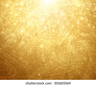 Gold Textured Background. Vector Illustration. Shining Christmas or New Year Backdrop. Golden Sunrays with Lights and Sparkles.