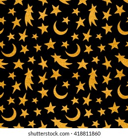 Gold textured cosmic seamless pattern of the star, moon and comet on black background. Design element for background, textile, paper packaging, wrapping paper and other. Vector illustration.