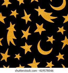 Gold textured cosmic seamless pattern of the star, moon and comet on black background. Design element for background, textile, paper packaging, wrapping paper and other. Vector illustration.