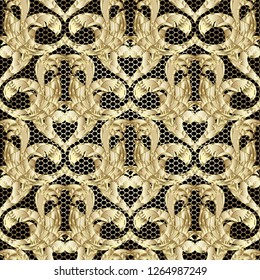 Gold textured floral Baroque 3d seamless pattern. Vector ornamental lace background. Repeat luxury grid lattice backdrop. Vintage patterned royal Damask ornament. Antique style ornate flowers, leaves.