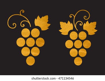 Gold textured grapes logo. Golden wine or vine logotype icon. Brand design element for organic wine, wine list, menu, liquor store, selling alcohol, wine company. Vector illustration.