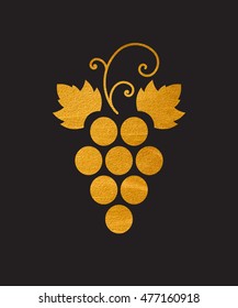 Gold textured grapes logo. Golden wine or vine logotype icon. Brand design element for organic wine, wine list, menu, liquor store, selling alcohol, wine company. Vector illustration.