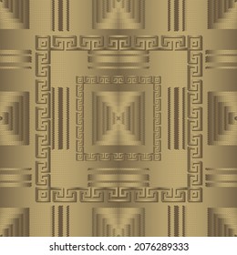 Gold textured halftone seamless pattern. Vector ornamental modern half tone background. Repeat modern backdrop. Greek square frames, borders. Wave lines, stripes, Geometric shapes. Endless texture.