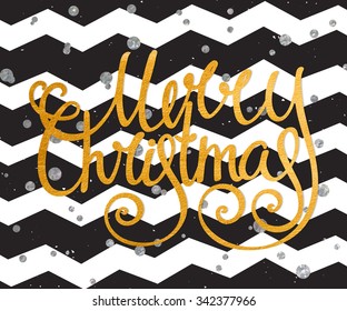 Gold textured handwritten calligraphic inscription Merry Christmas on modern black background with silver confetti. Design element for festive banner, card, invitation, postcard. Vector illustration.