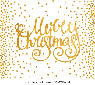 Gold textured handwritten calligraphic inscription Merry Christmas with pattern of golden confetti. Design element for banner, card, invitation, postcard, template, vignette etc. Vector illustration.