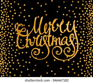 Gold textured handwritten calligraphic inscription Merry Christmas with pattern of golden confetti. Design element for banner, card, invitation, postcard, template, vignette etc. Vector illustration.