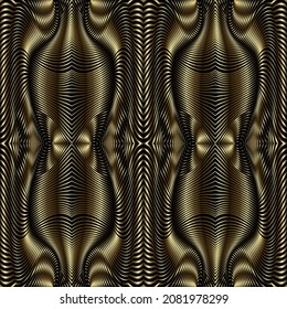 Gold textured lines 3d seamless pattern. Warped lines surface 3d background. Drapery repeat beautiful backdrop. Modern line art Deco ornaments. Luxury ornamental border design. Endless grunge texture.