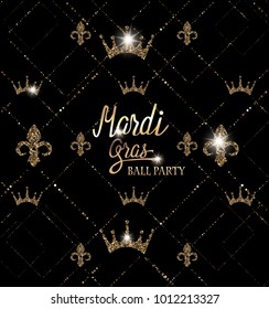 Gold  textured Mardi Gras ball party invitation card with gold sparkling deco elements. Vector illustration