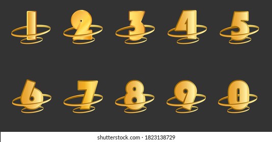 Gold textured numbers enclosed in 3d themed oval shaped golden rings; black backdrop.