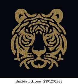 Gold textured ornamental tiger head pattern with glitter. Modern vector black background with patterned gold tiger. Minimalist style ornaments. Decorative trendy isolated design. Logo. Element. Tatoo.