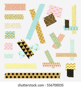 Gold textured scotch, patterned adhesive tape collection, different size pieces isolated on white background. Vector set 