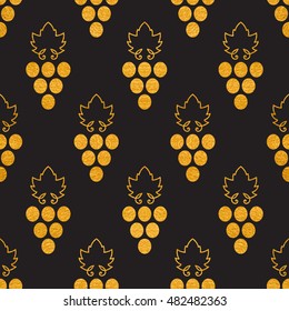 Gold textured seamless pattern of grapes on black background. Vintage design for textile, paper packaging, wrapping paper, fabric, banner, invitation, card, certificate, menu. Vector illustration.