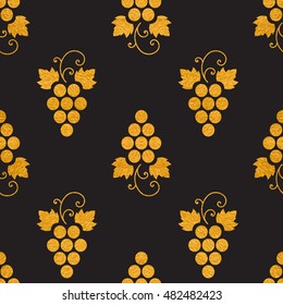 Gold textured seamless pattern of grapes on black background. Vintage design for textile, paper packaging, wrapping paper, fabric, banner, invitation, card, certificate, menu. Vector illustration.