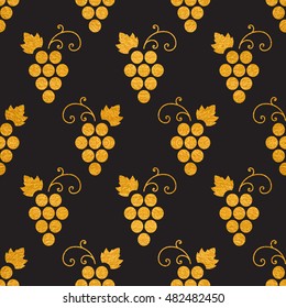 Gold textured seamless pattern of grapes on black background. Vintage design for textile, paper packaging, wrapping paper, fabric, banner, invitation, card, certificate, menu. Vector illustration.