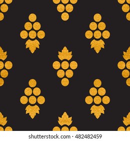 Gold textured seamless pattern of grapes on black background. Vintage design for textile, paper packaging, wrapping paper, fabric, banner, invitation, card, certificate, menu. Vector illustration.