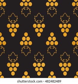 Gold textured seamless pattern of grapes on black background. Vintage design for textile, paper packaging, wrapping paper, fabric, banner, invitation, card, certificate, menu. Vector illustration.