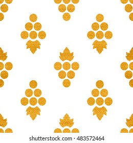 Gold textured seamless pattern of grapes on white background. Vintage design for textile, paper packaging, wrapping paper, fabric, banner, invitation, card, certificate, menu. Vector illustration.