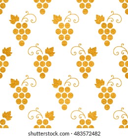 Gold textured seamless pattern of grapes on white background. Vintage design for textile, paper packaging, wrapping paper, fabric, banner, invitation, card, certificate, menu. Vector illustration.