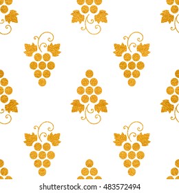 Gold textured seamless pattern of grapes on white background. Vintage design for textile, paper packaging, wrapping paper, fabric, banner, invitation, card, certificate, menu. Vector illustration.