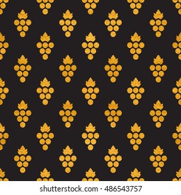 Gold textured seamless pattern of grapes on black background. Vintage design for textile, paper packaging, wrapping paper, fabric, banner, invitation, card, certificate, menu. Vector illustration.