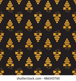 Gold textured seamless pattern of grapes on black background. Vintage design for textile, paper packaging, wrapping paper, fabric, banner, invitation, card, certificate, menu. Vector illustration.
