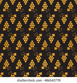 Gold textured seamless pattern of grapes on black background. Vintage design for textile, paper packaging, wrapping paper, fabric, banner, invitation, card, certificate, menu. Vector illustration.