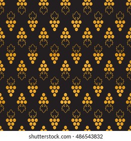 Gold textured seamless pattern of grapes on black background. Vintage design for textile, paper packaging, wrapping paper, fabric, banner, invitation, card, certificate, menu. Vector illustration.