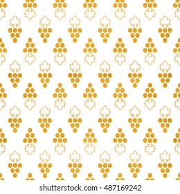 Gold textured seamless pattern of grapes on white background. Vintage design for textile, paper packaging, wrapping paper, fabric, banner, invitation, card, certificate, menu. Vector illustration.