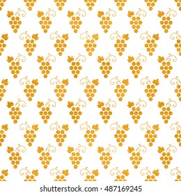 Gold textured seamless pattern of grapes on white background. Vintage design for textile, paper packaging, wrapping paper, fabric, banner, invitation, card, certificate, menu. Vector illustration.