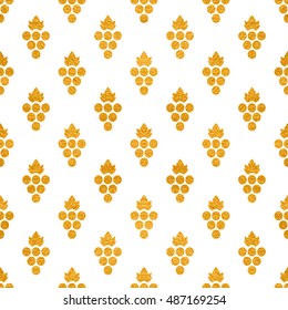 Gold textured seamless pattern of grapes on white background. Vintage design for textile, paper packaging, wrapping paper, fabric, banner, invitation, card, certificate, menu. Vector illustration.