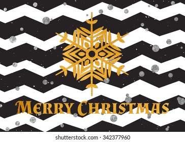 Gold textured snowflake and inscription Merry Christmas on modern black background with silver confetti. Design element for festive banner, card, invitation, postcard. Vector illustration.