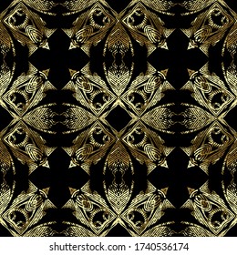 Gold textured tapestry vector seamless pattern. Grunge embroidery ornamental background. Repeat ornate geometric backdrop. Golden embroidered ornament. Abstract modern design. Grungy endless texture.