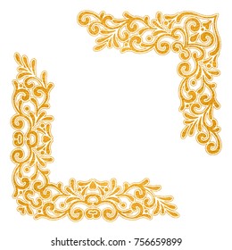 Gold textured vintage corners on white background. Elegant hand drawn retro floral border. Design element for wedding invitation or menu, banner, postcard, save the date card. Vector illustration.