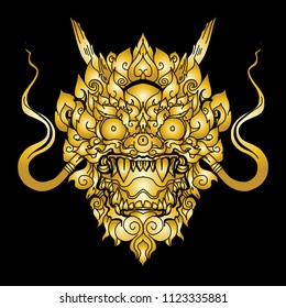 Gold Thai Demon Mask and Line thai style.Monkey mask tattoo.