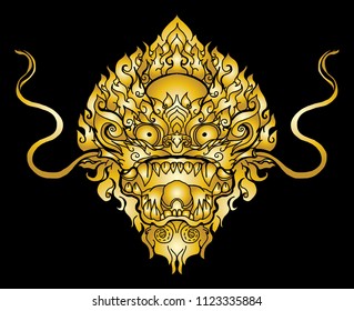 Gold Thai Demon Mask and Line thai style.Monkey mask tattoo.