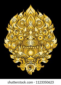Gold Thai Demon mask and Line Thai style.Hand drawn and doodle art Monkey mask tattoo.