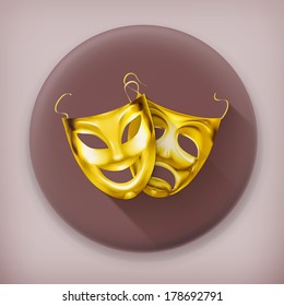 Gold theater masks, long shadow vector icon