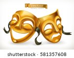 Gold theatrical masks. Comedy and tragedy, 3d vector icon.