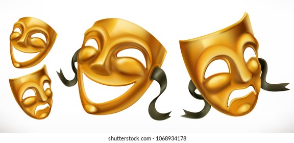 Gold theatrical masks. Comedy and tragedy 3d vector icon
