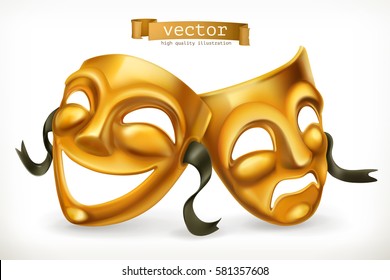 Gold theatrical masks. Comedy and tragedy, 3d vector icon.