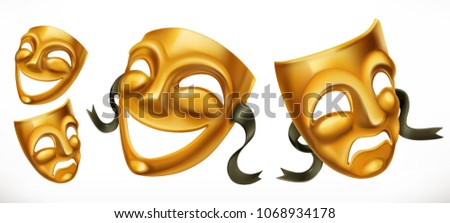 Gold theatrical masks. Comedy and tragedy 3d vector icon Foto stock © 
