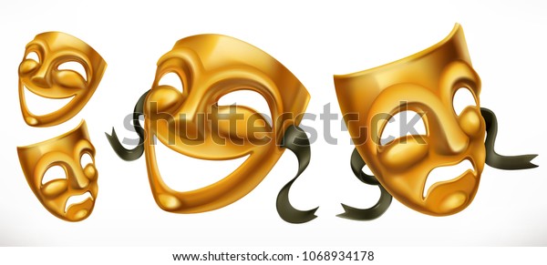 Gold\
theatrical masks. Comedy and tragedy 3d vector\
icon