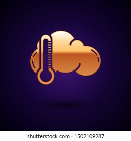 Gold Thermometer and cloud icon isolated on dark blue background.  Vector Illustration