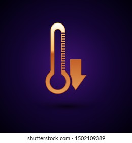 Gold Thermometer icon isolated on dark blue background.  Vector Illustration