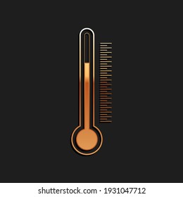 Gold Thermometer icon isolated on black background. Long shadow style. Vector
