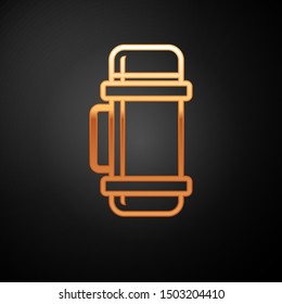 Gold Thermos container icon isolated on black background. Thermo flask icon. Camping and hiking equipment.  Vector Illustration