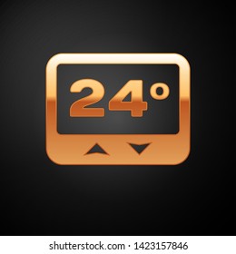 Gold Thermostat icon isolated on black background. Temperature control. Vector Illustration