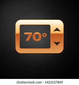 Gold Thermostat icon isolated on black background. Temperature control. Vector Illustration