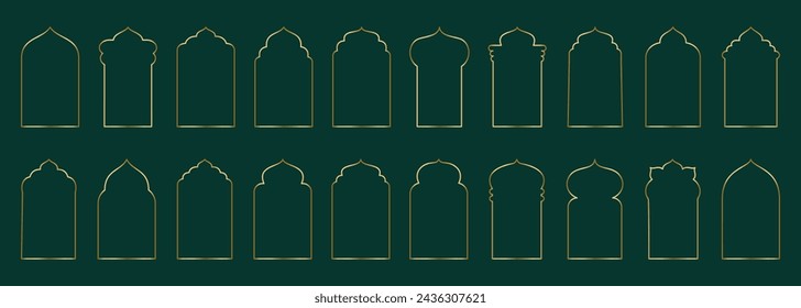 Gold thin arch frame shape Islamic door or window with geometric girikh pattern, silhouette Arabic arch. Luxury set in oriental style. Frames in Arabic Muslim design for Ramadan Kareem. Vector